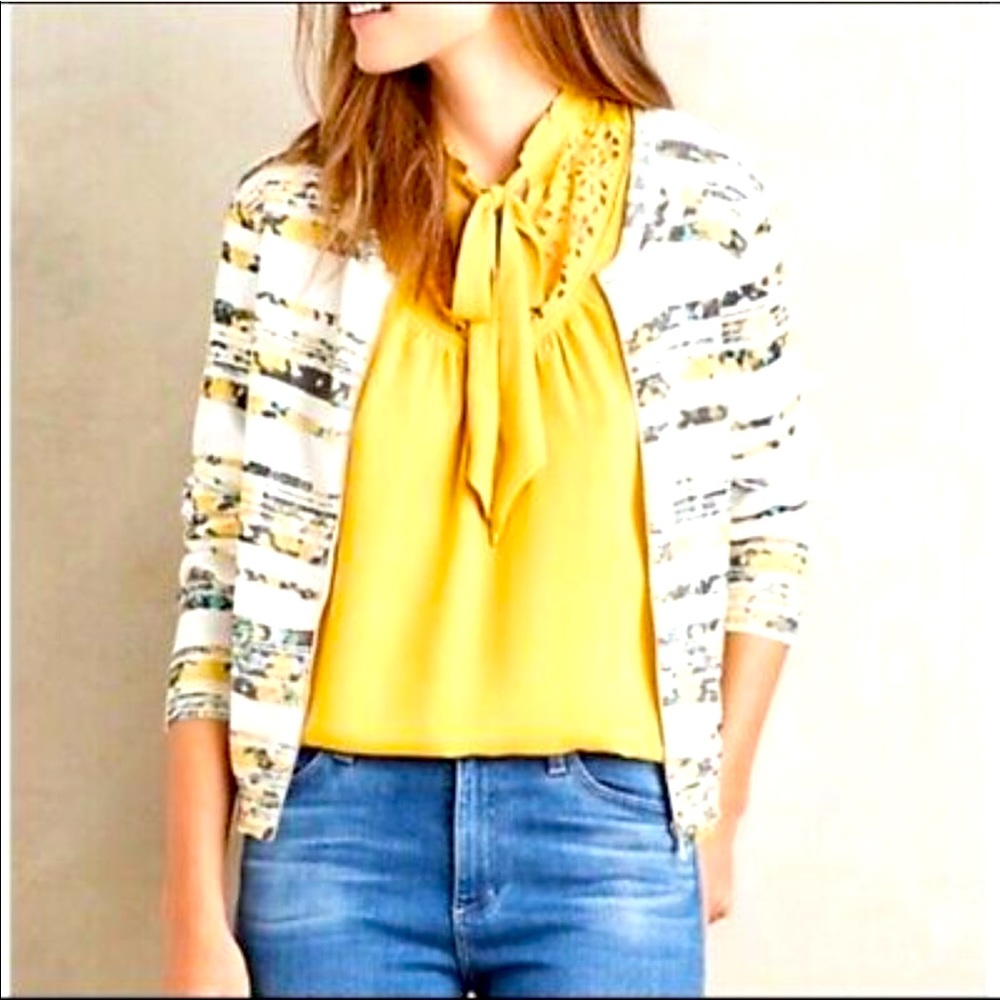MOTH Anthropologie Women’s Yellow Beige Array Floral Full Zip Knit Cardigan M